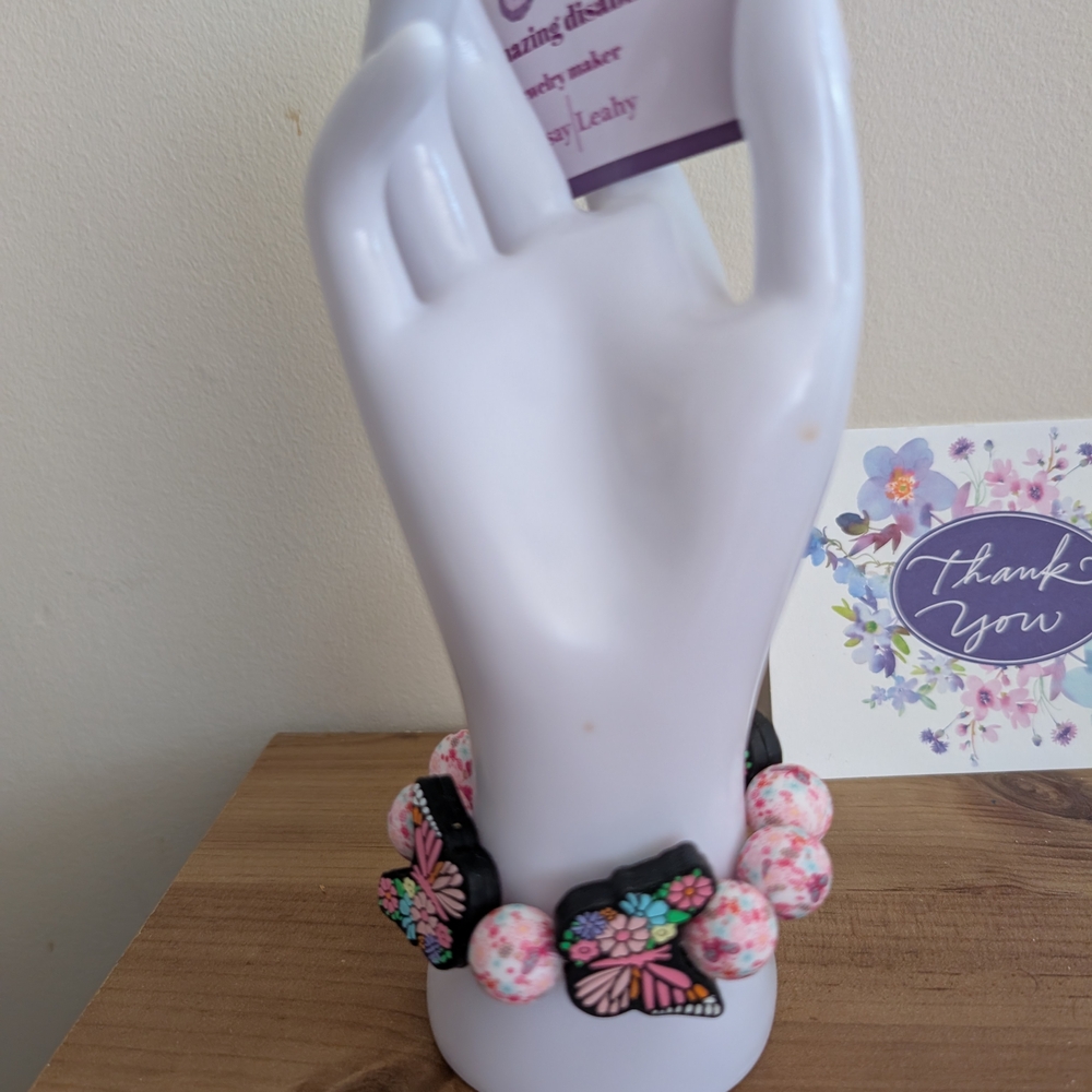 Floral Butterfly Bracelet in Pink and Black